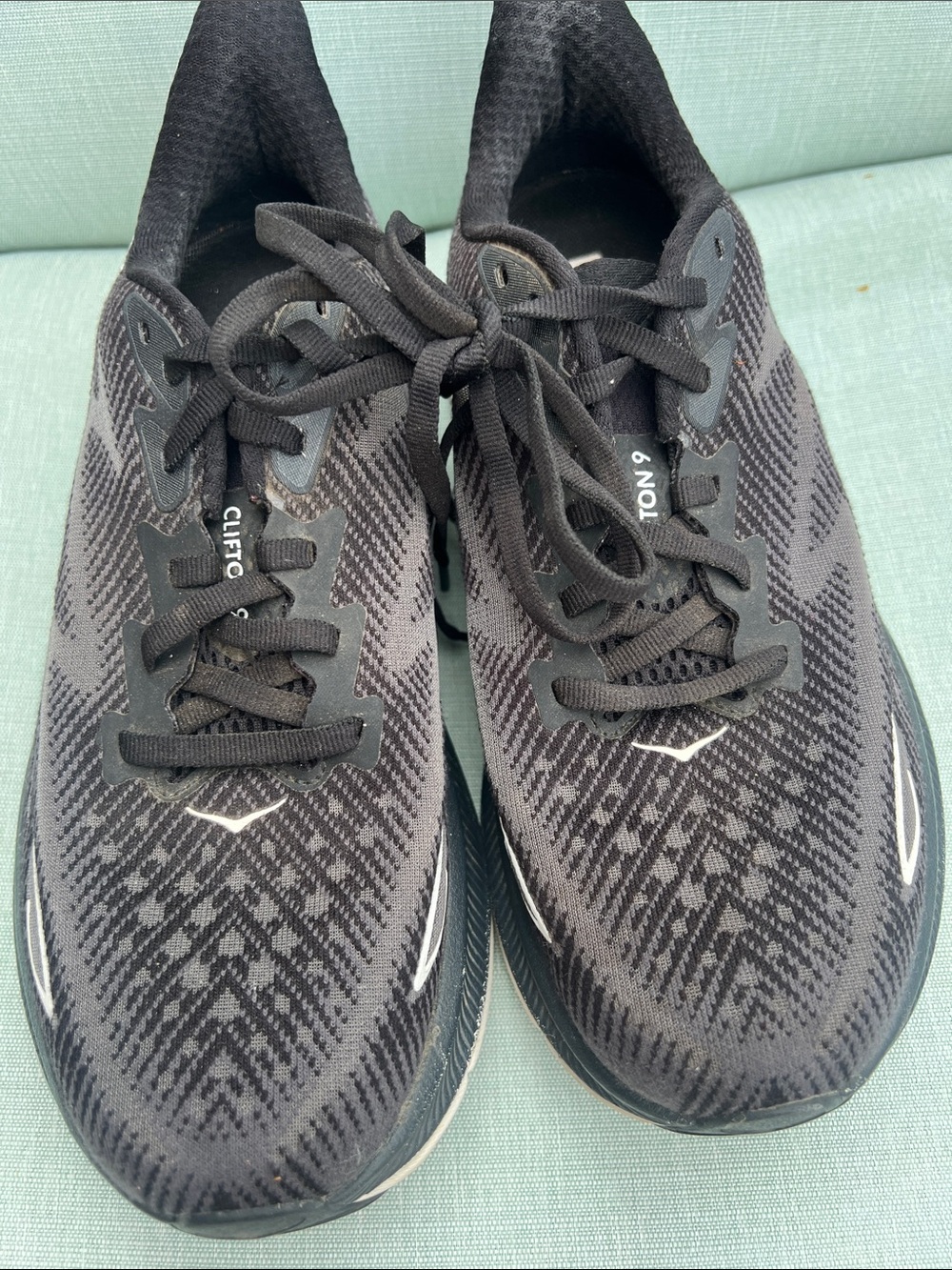Hoka Black and White Clifton 9 Cushioned Running Shoes - Picture 2 of 5